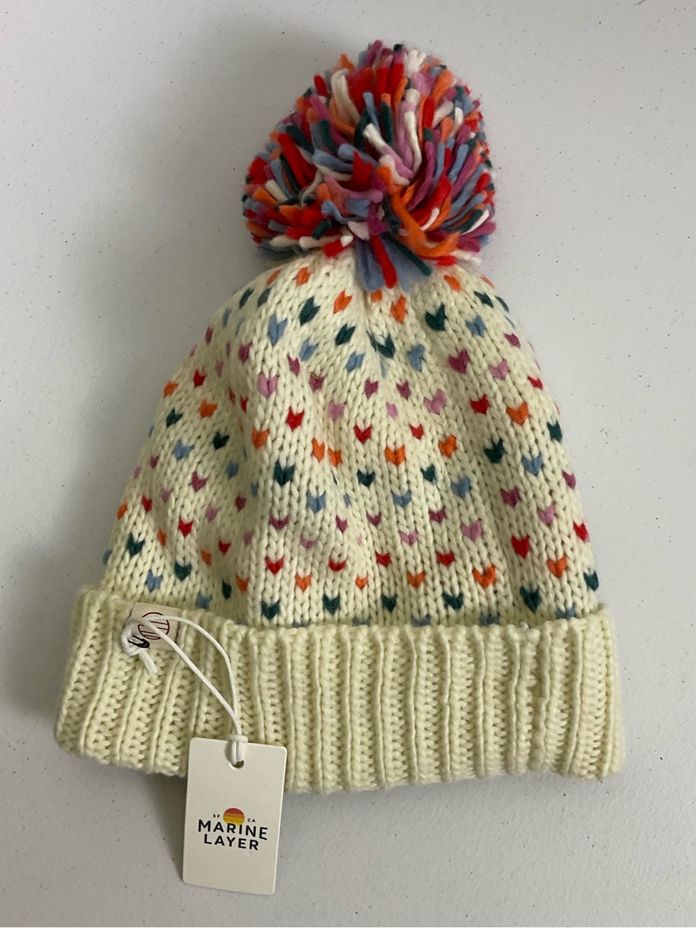 Marine Layer Rainbow Pom Beanie - Cream with Multicolor Hearts